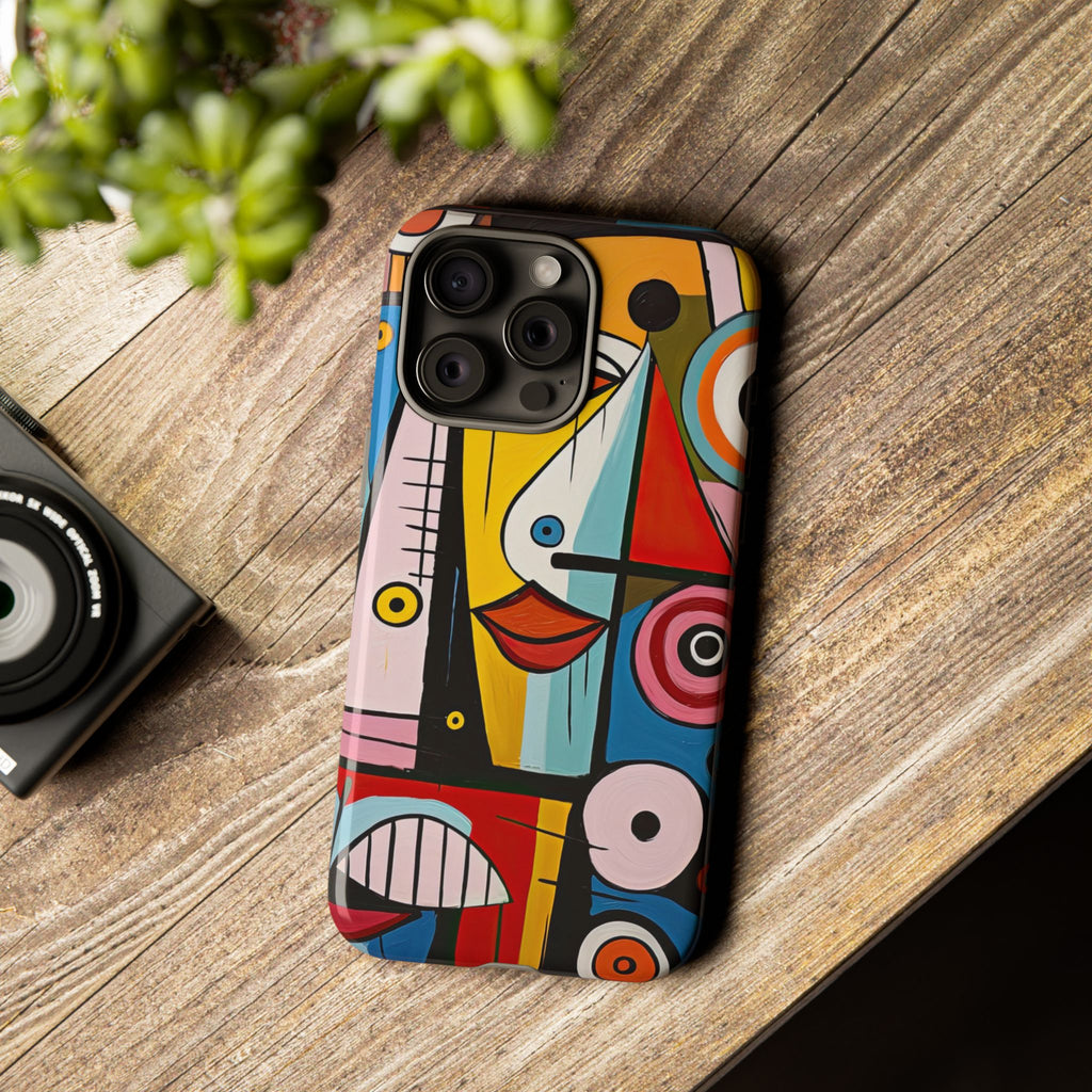 Colorful Abstract Art Tough Phone Case – Geometric Face Design