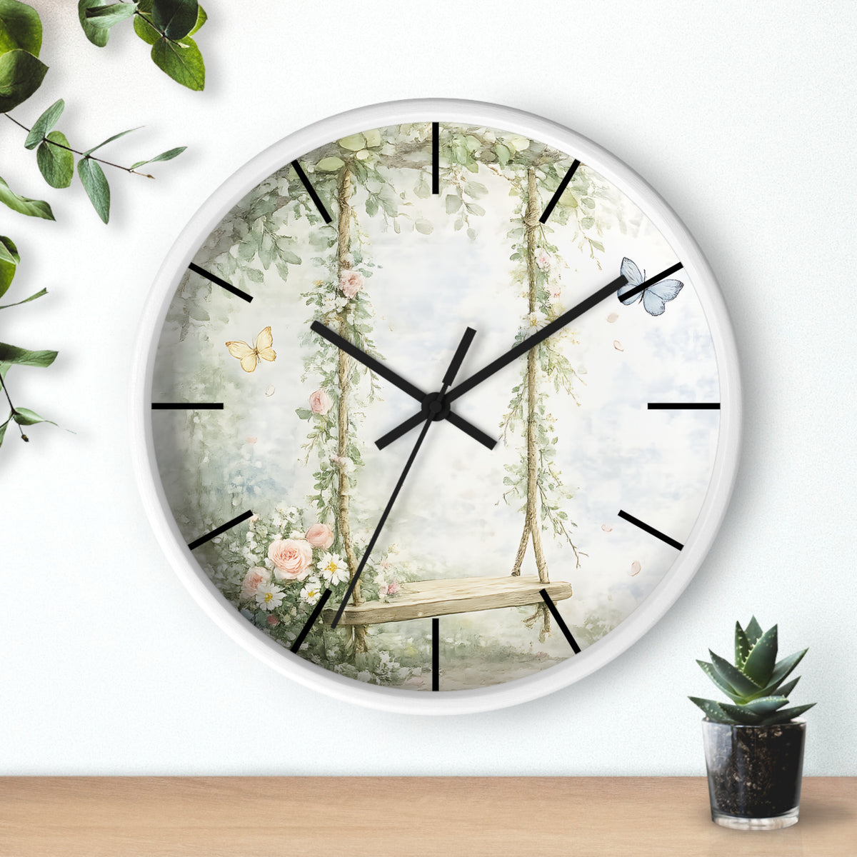 Floral Swing Illustration Wall Clock | Vintage Garden, Butterflies