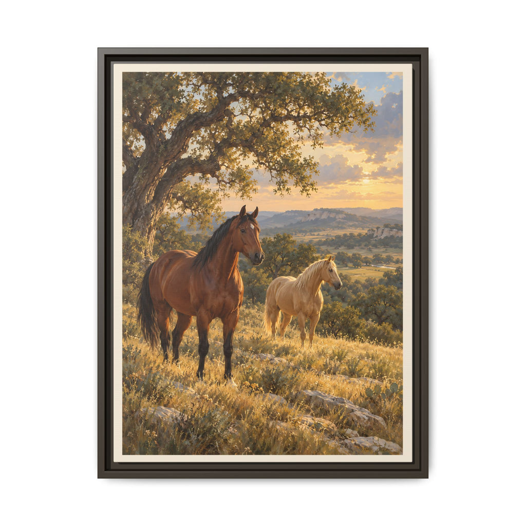 Horses in Golden Countryside Framed Canvas – Rustic Equestrian Wall Art
