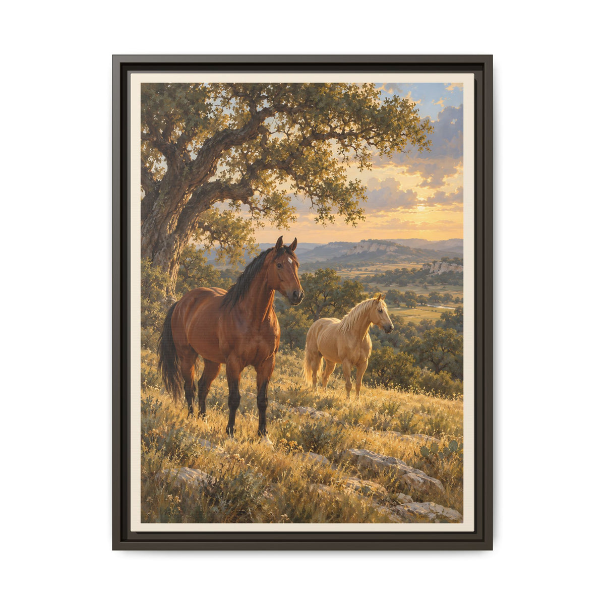 Horses in Golden Countryside Framed Canvas – Rustic Equestrian Wall Art