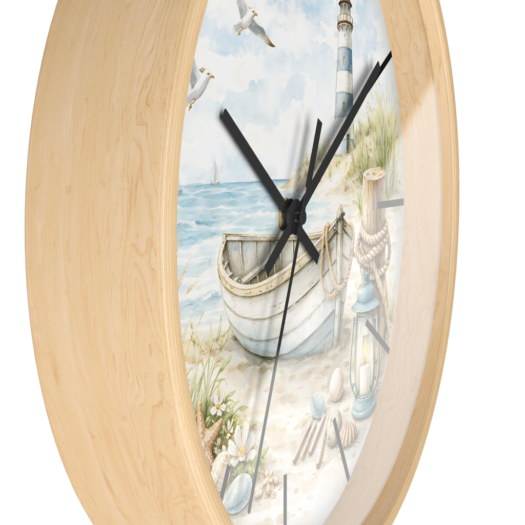 Coastal Lighthouse Beach Scene Wall Clock | Nautical Boat Seaside Decor