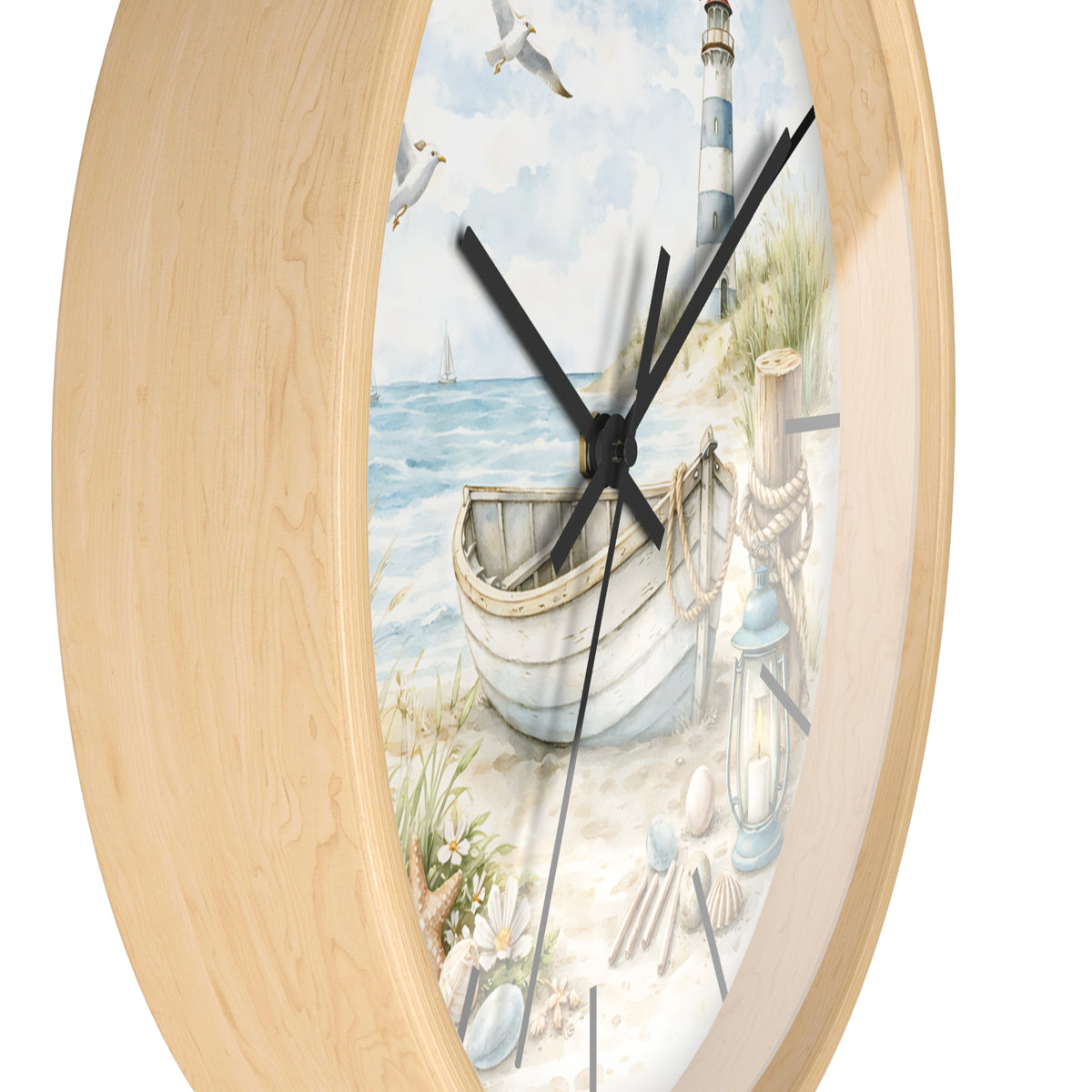 Coastal Lighthouse Beach Scene Wall Clock | Nautical Boat Seaside Decor