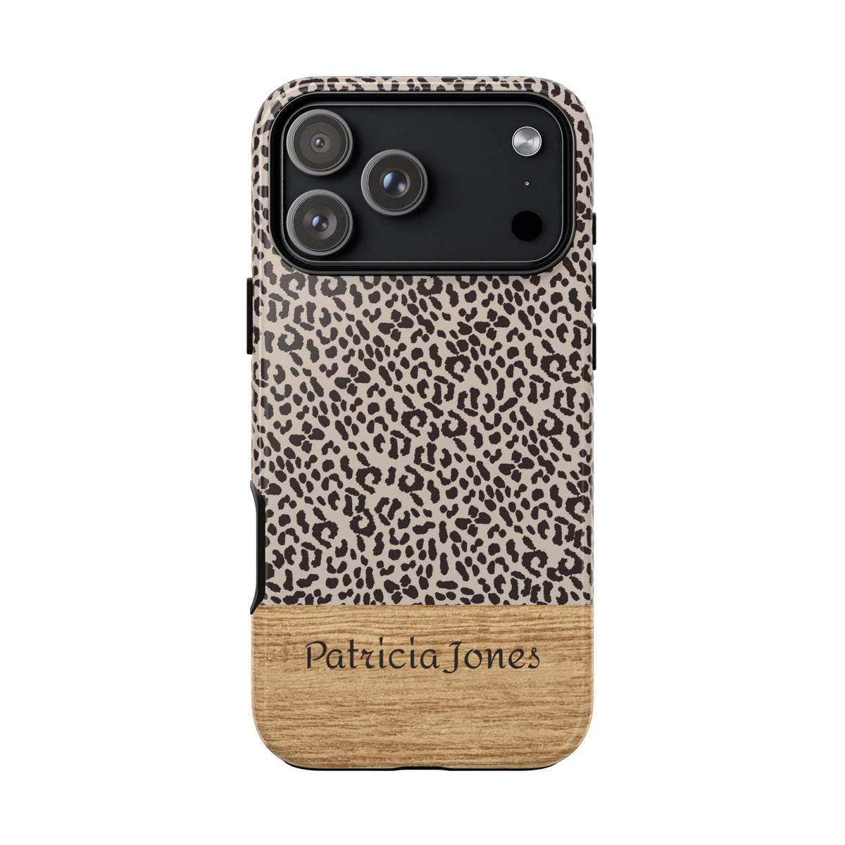 Personalized Leopard Print Phone Case with Name – Wood Accent Tough Case