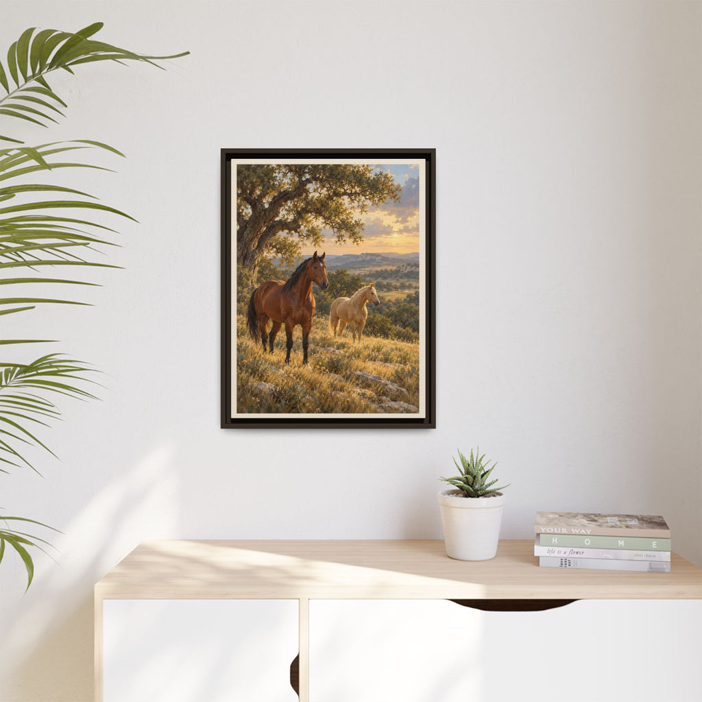 Horses in Golden Countryside Framed Canvas – Rustic Equestrian Wall Art