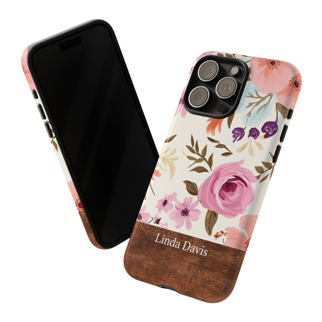 Personalized Floral Phone Case with Name – Pink Rose Wood Accent Tough Case