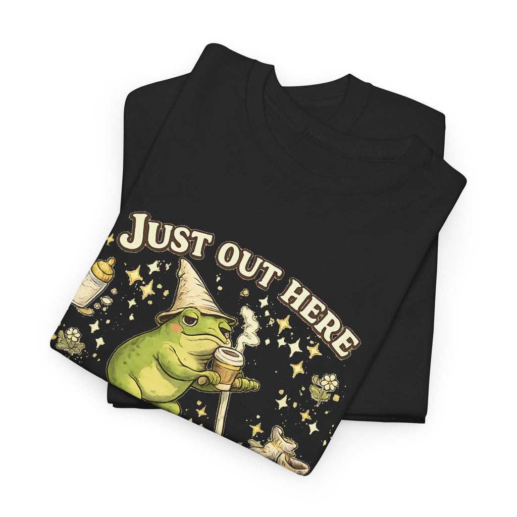 “Running on Caffeine & Mommin’” T-Shirt – Funny Mom Coffee & Frog Graphic Tee
