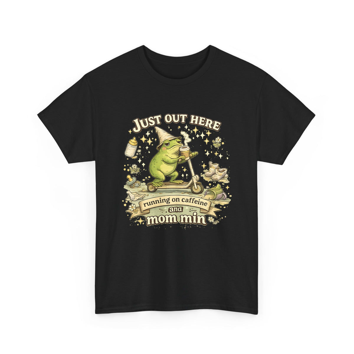 “Running on Caffeine & Mommin’” T-Shirt – Funny Mom Coffee & Frog Graphic Tee