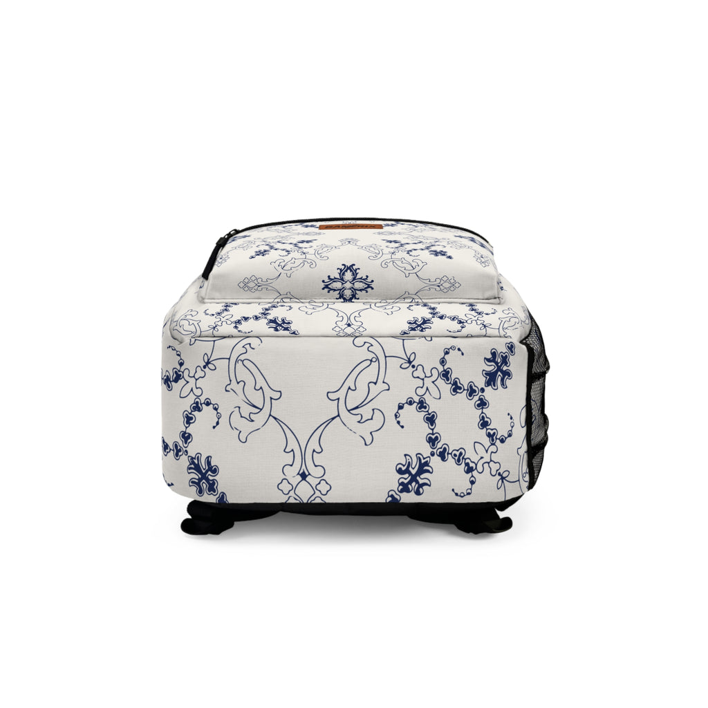 Cream & Blue Vintage Floral Backpack – Elegant Botanical Pattern