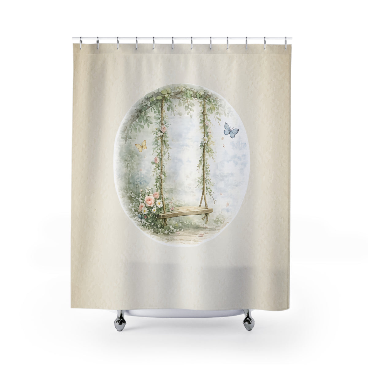 Vintage Floral Shower Curtain | Cottagecore Bathroom Decor | Romantic Garden Swing Bath Curtain