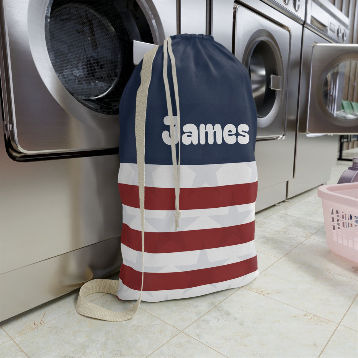 Personalized Stars Stripes Laundry Bag | Navy Red White Stripe Pocket