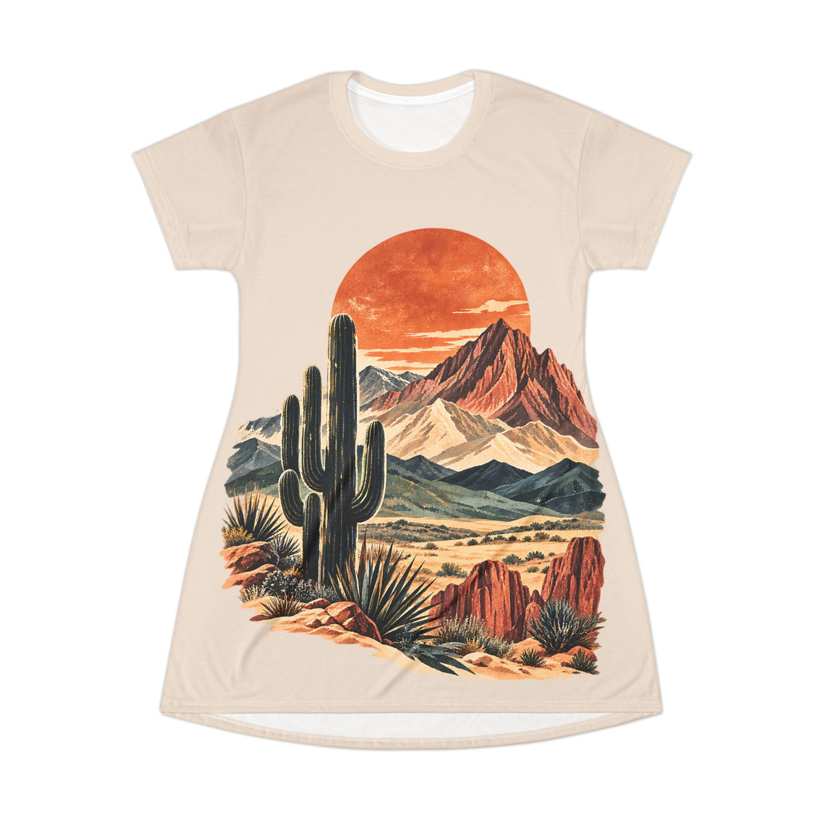 Desert Sunset T-Shirt Dress – Western Cactus Landscape