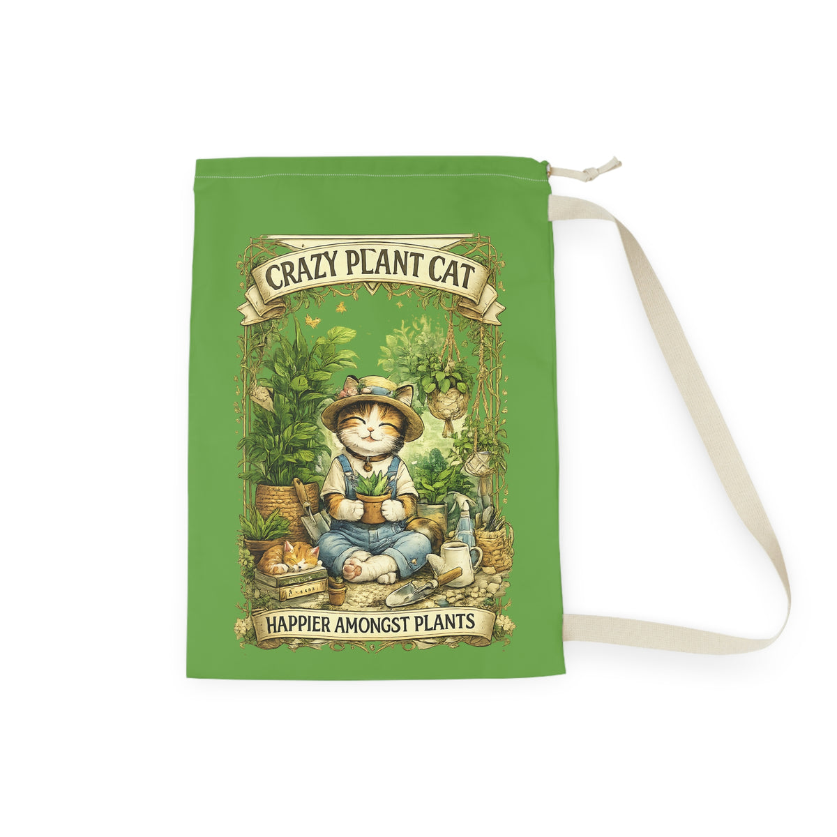 Crazy Plant Cat Laundry Bag | Cat Gardener Illustration, Green Drawstring