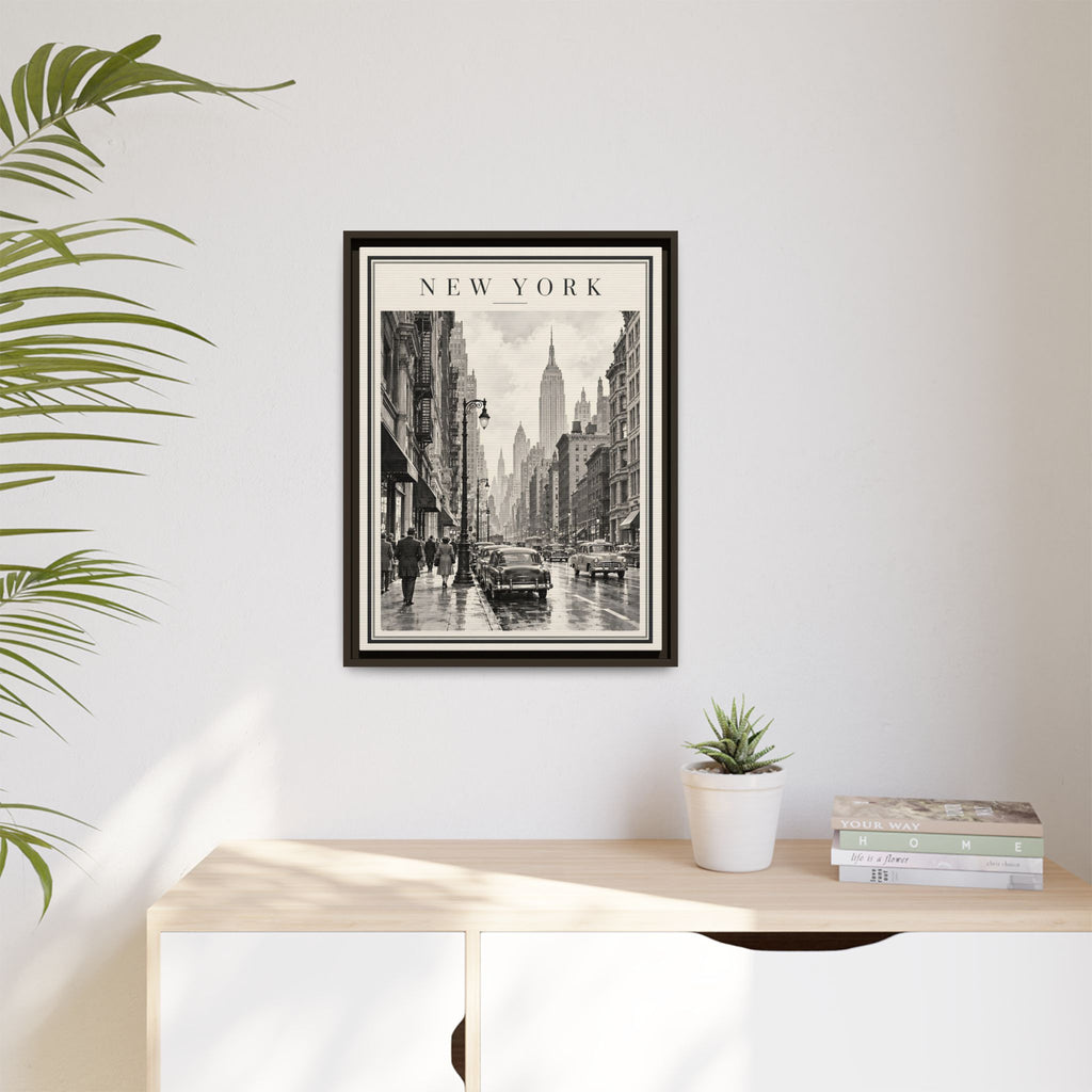 Vintage New York City Framed Canvas – Black & White Street Art