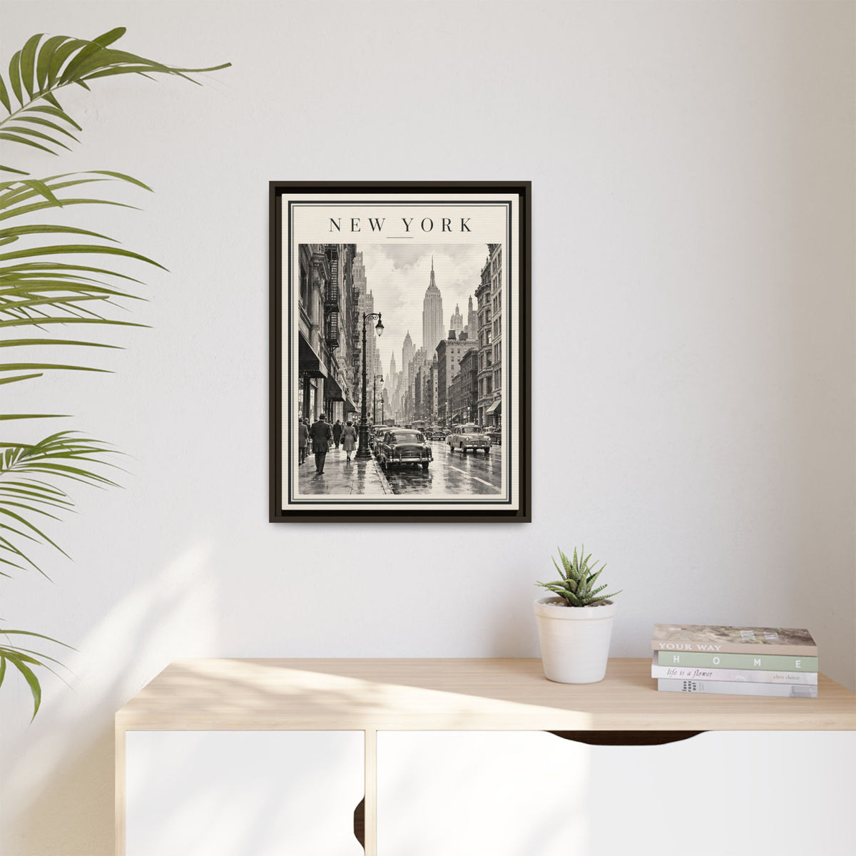 Vintage New York City Framed Canvas – Black & White Street Art