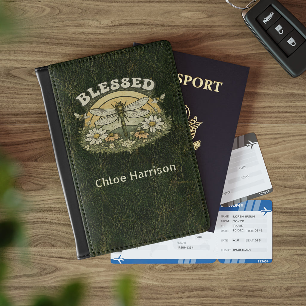 Personalized Blessed Dragonfly Passport Cover with Name – RFID Blocking Travel Passport Holder