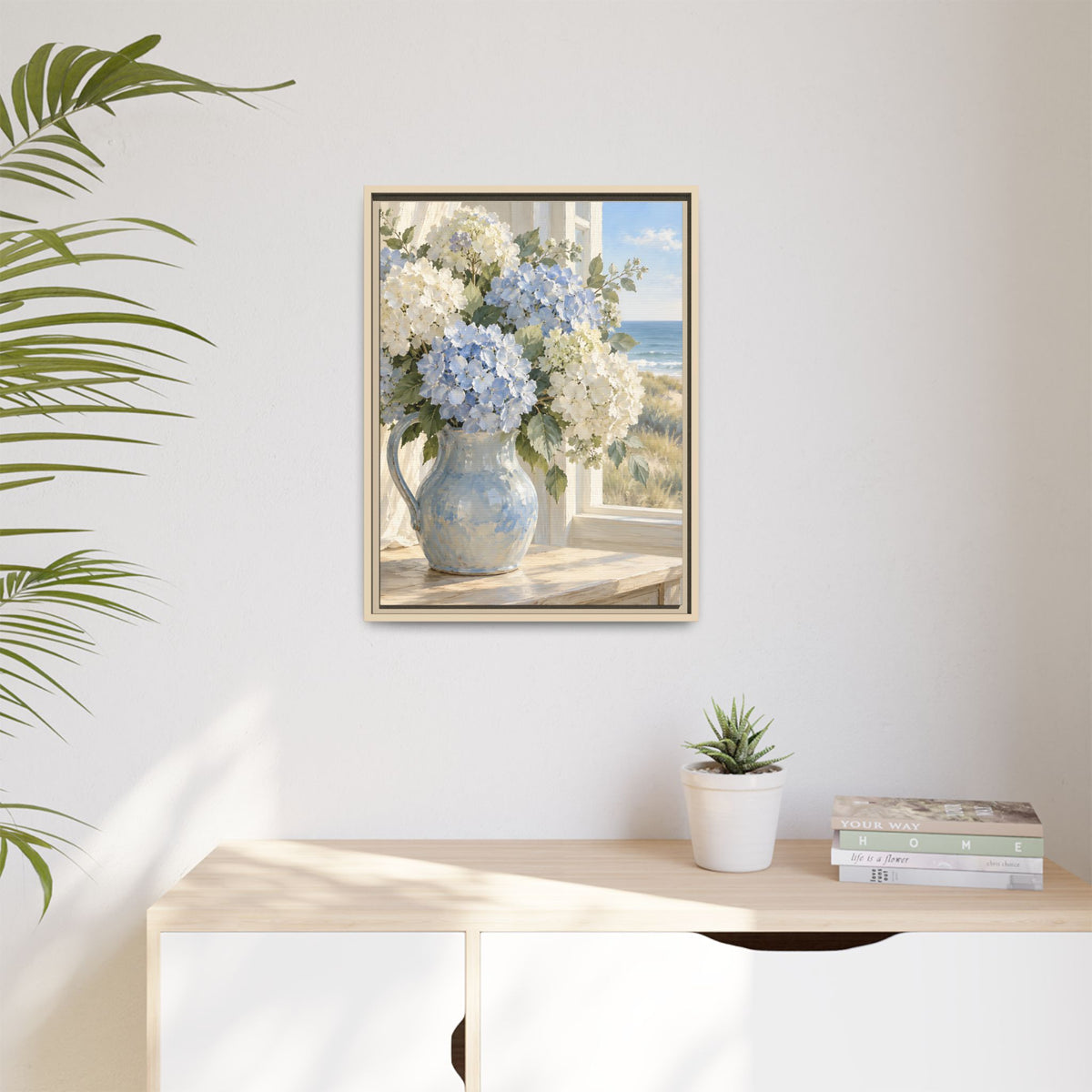 Coastal Hydrangeas Framed Canvas – Blue & White Floral Wall Art