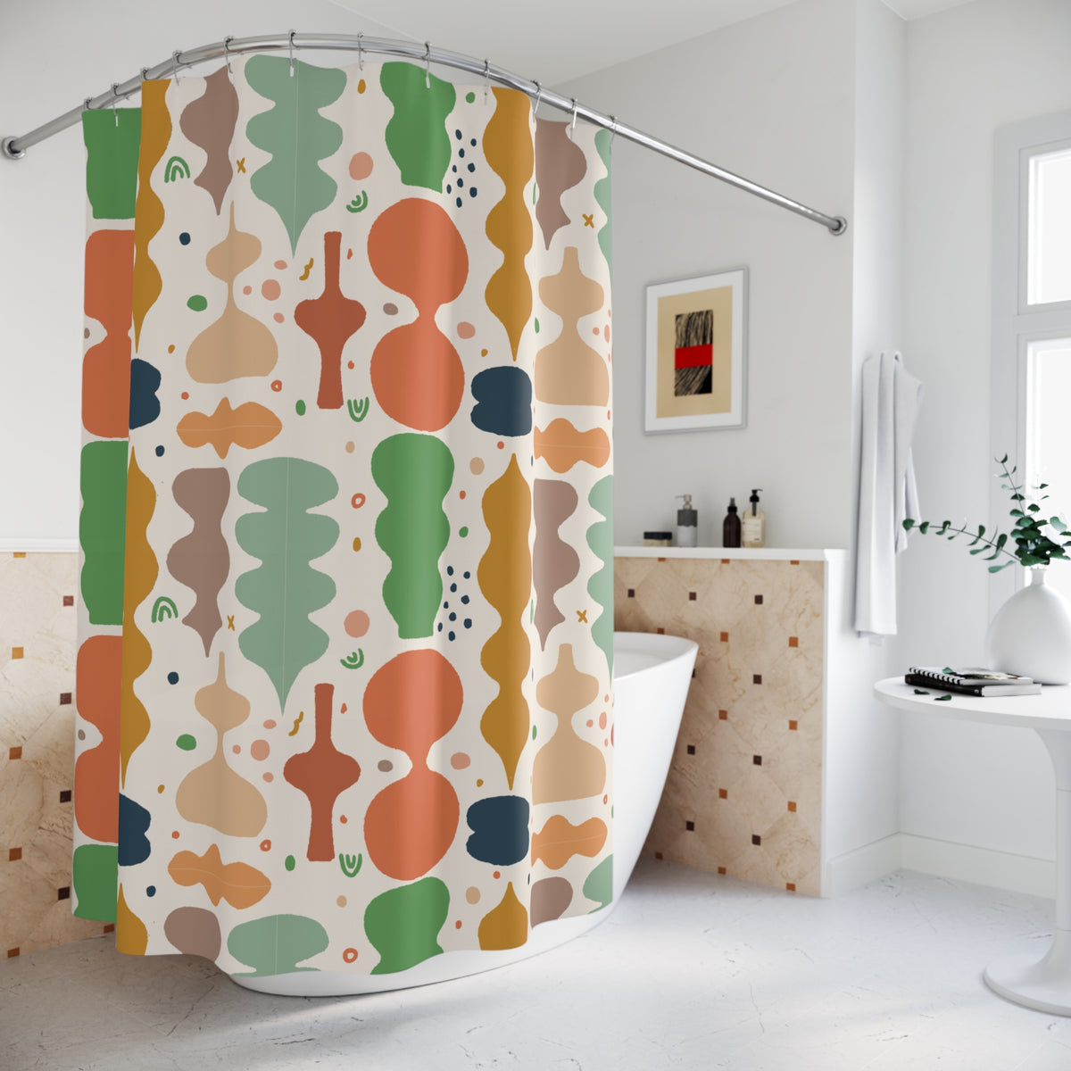 Mid Century Modern Shower Curtain | Retro Abstract Bathroom Decor | Earth Tone Geometric Bath Curtain