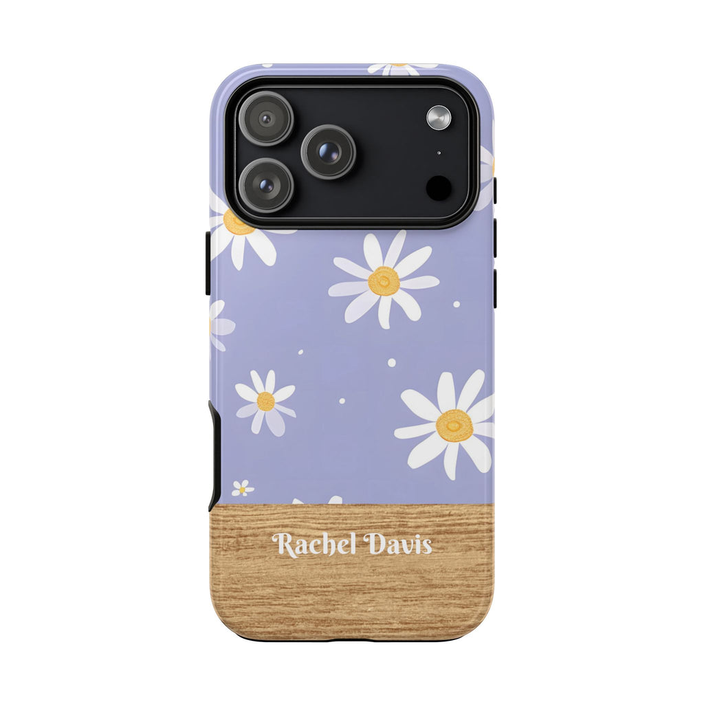 Personalized Daisy Phone Case with Name – Lavender Floral Wood Accent Tough Case