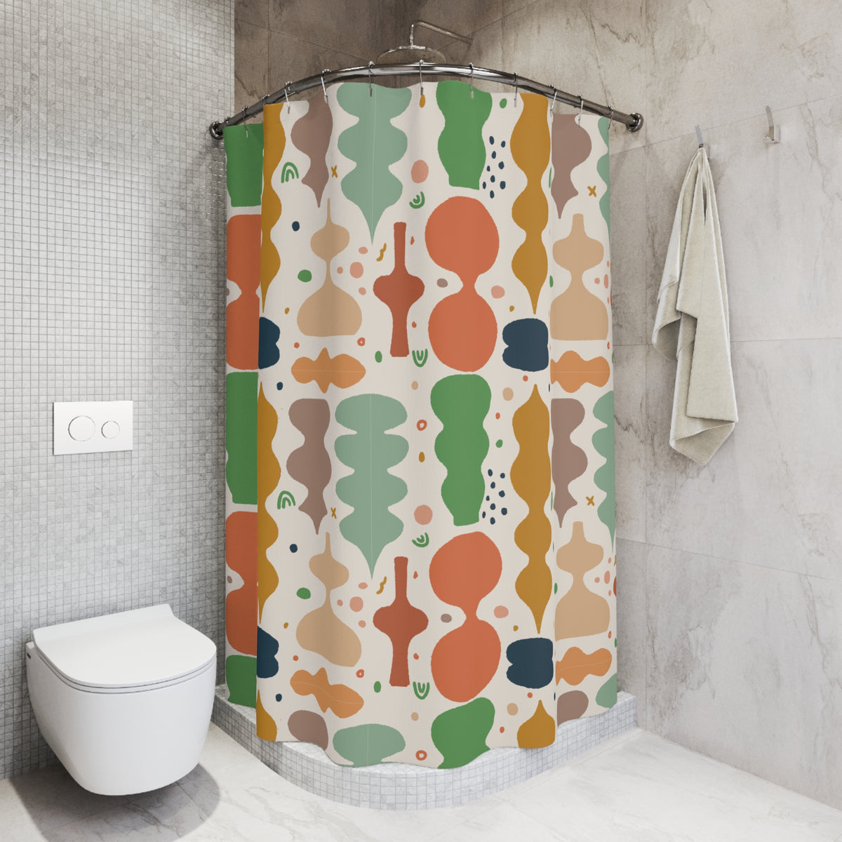 Mid Century Modern Shower Curtain | Retro Abstract Bathroom Decor | Earth Tone Geometric Bath Curtain