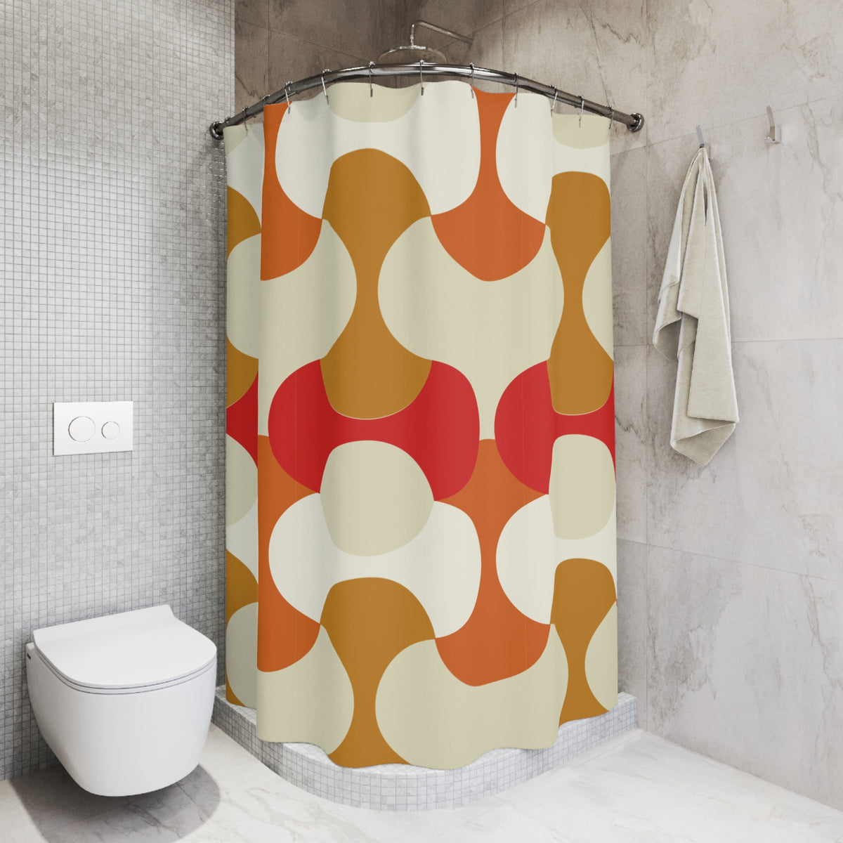 Mid Century Modern Shower Curtain | Retro Orange Geometric Bathroom Decor | 70s Mod Bath Curtain