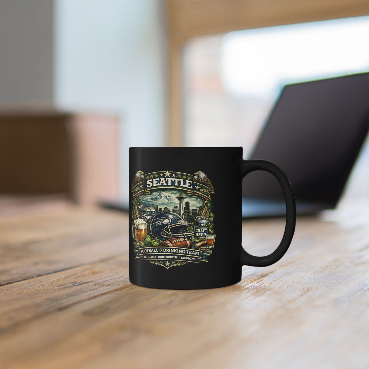 Seattle Football Mug for Men Black Coffee Cup for Beer Lovers, Tailgating & Game Day Sports Fan Gift
