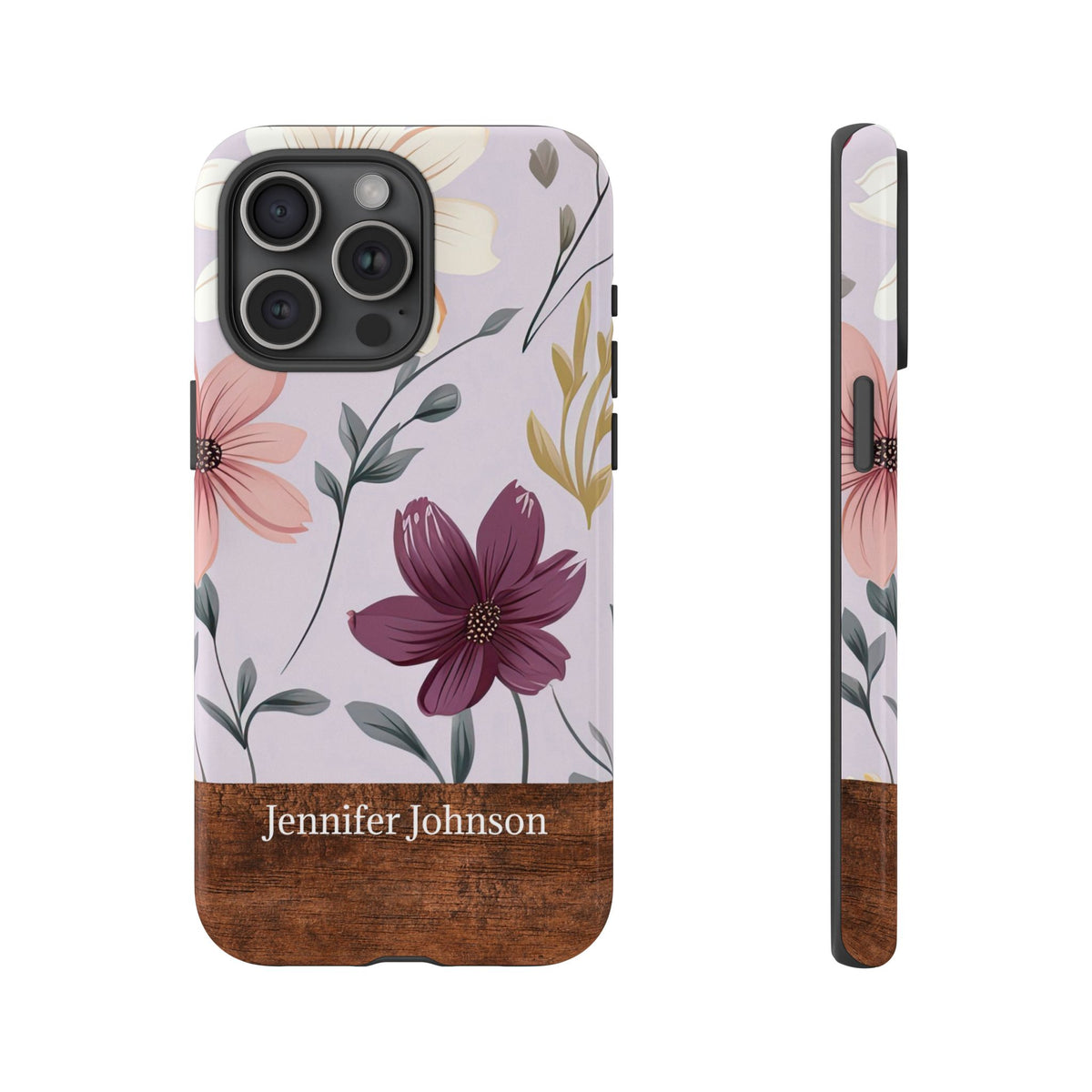 Personalized Floral Phone Case with Name – Wood Accent Tough Case