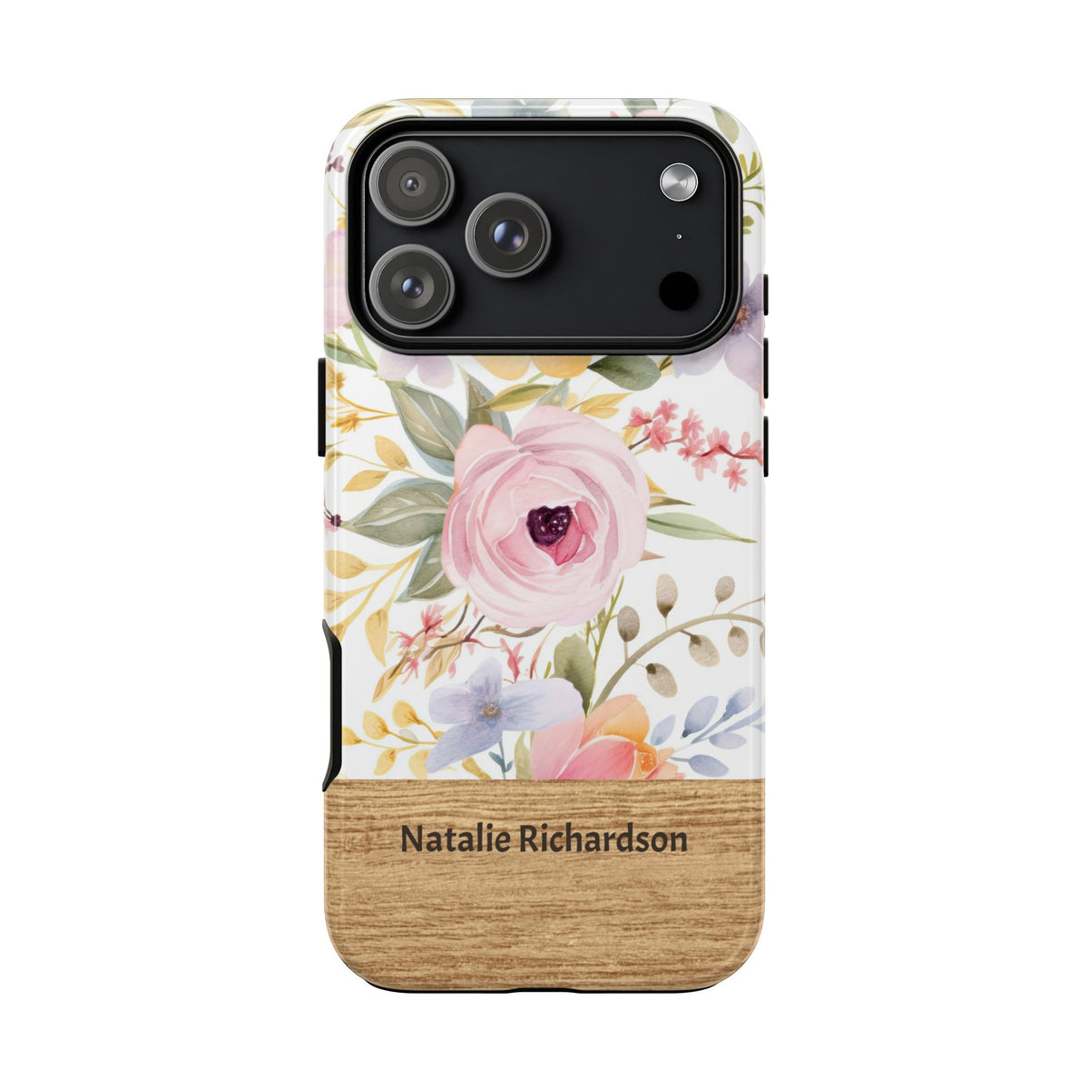 Personalized Floral Phone Case with Name – Pastel Flower Wood Accent Tough Case