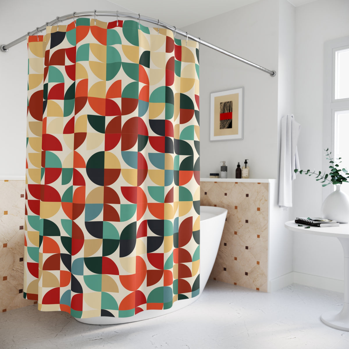 Mid Century Modern Shower Curtain | Retro Abstract Geometric Bathroom Decor | Colorful 70s Bath Curtain