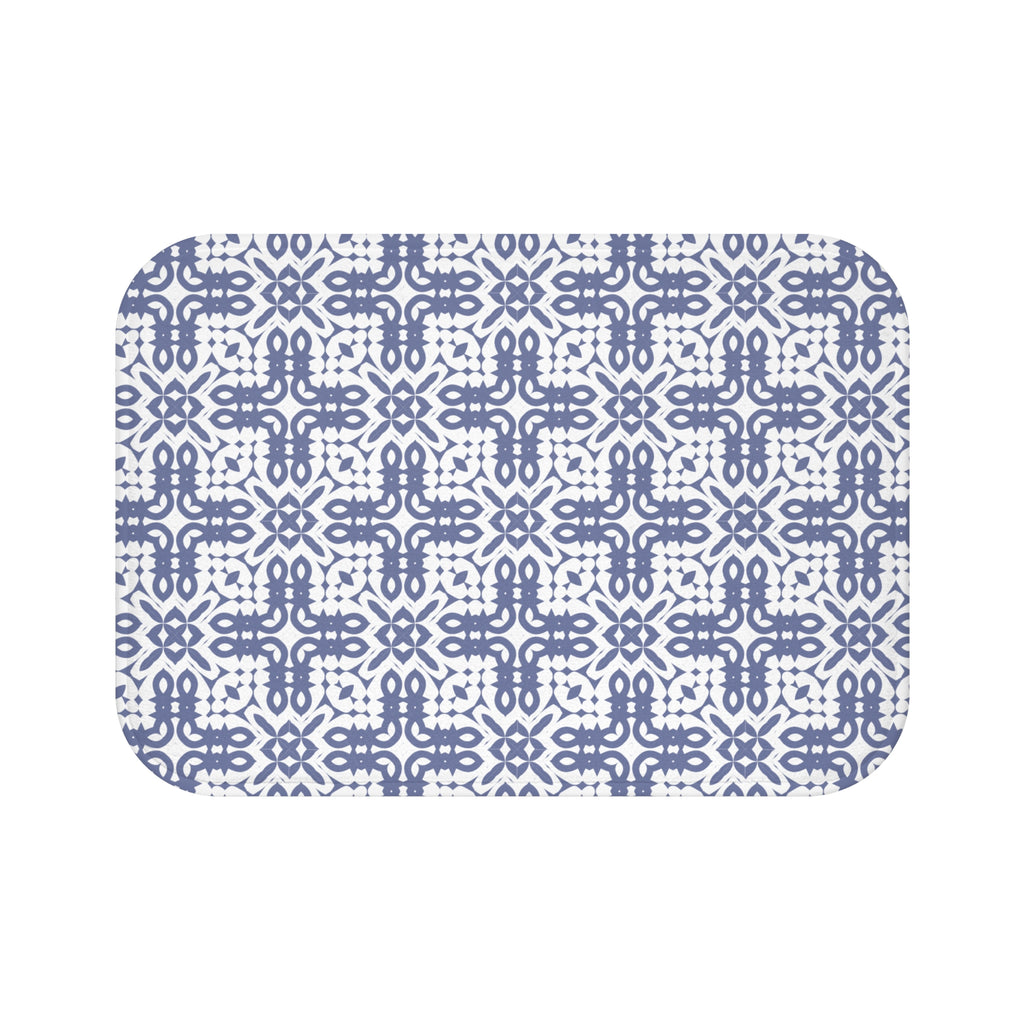 Blue Geometric Tile Bath Mat – Mediterranean Pattern Bathroom Decor