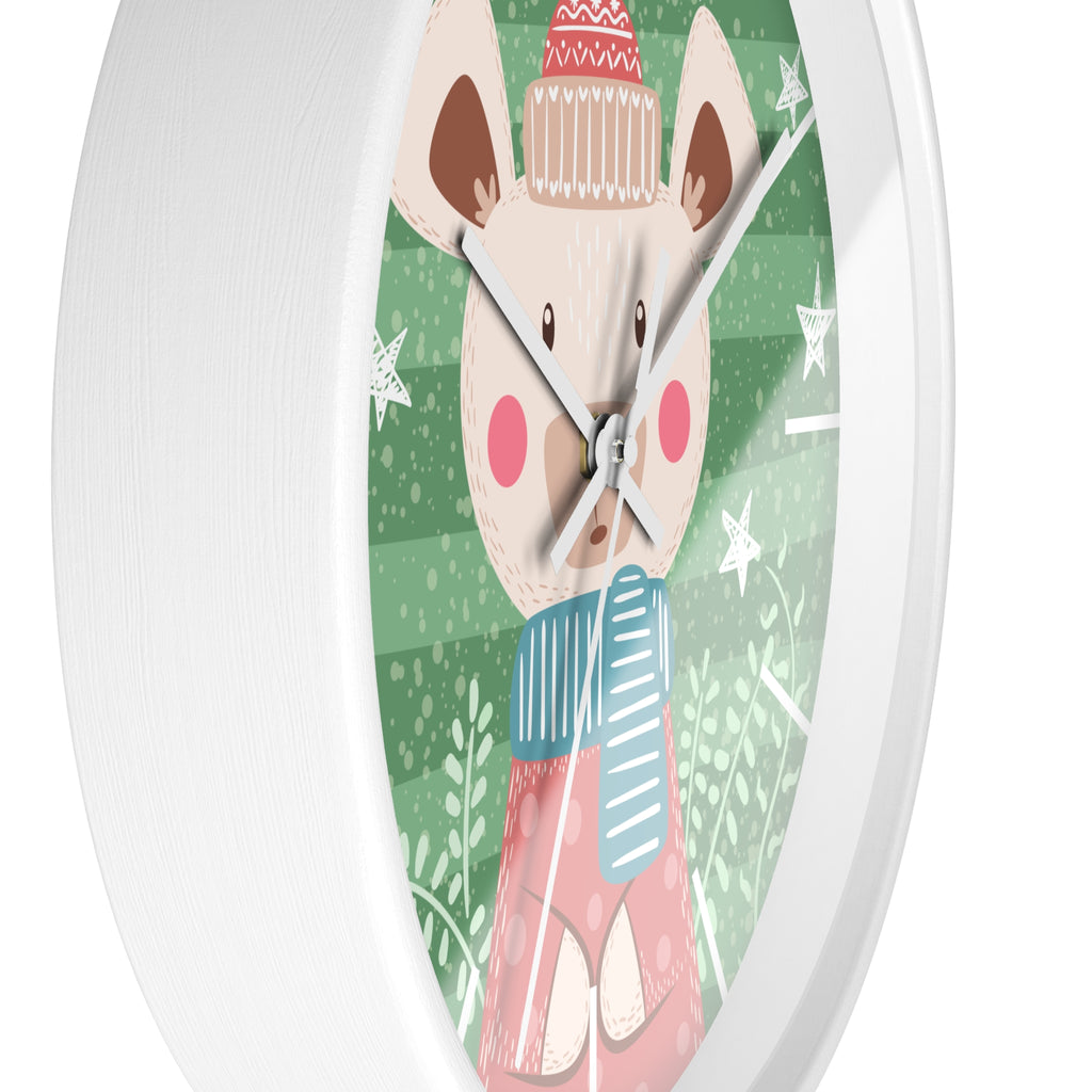 Cute Winter Bear Wall Clock | Holiday Nursery Clock, Green Snowflake Design