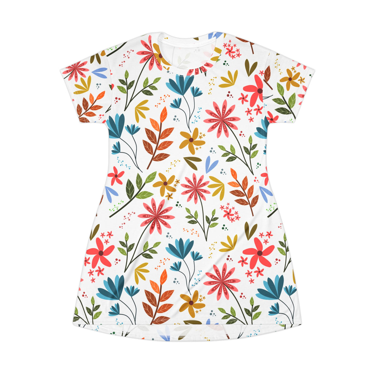 Floral Print Tee Dress  Colorful Spring Bloom All Over Pattern