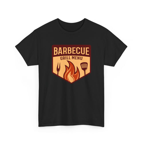 BBQ Grill Menu T-Shirt – Flames & Grilling Utensils Graphic Tee