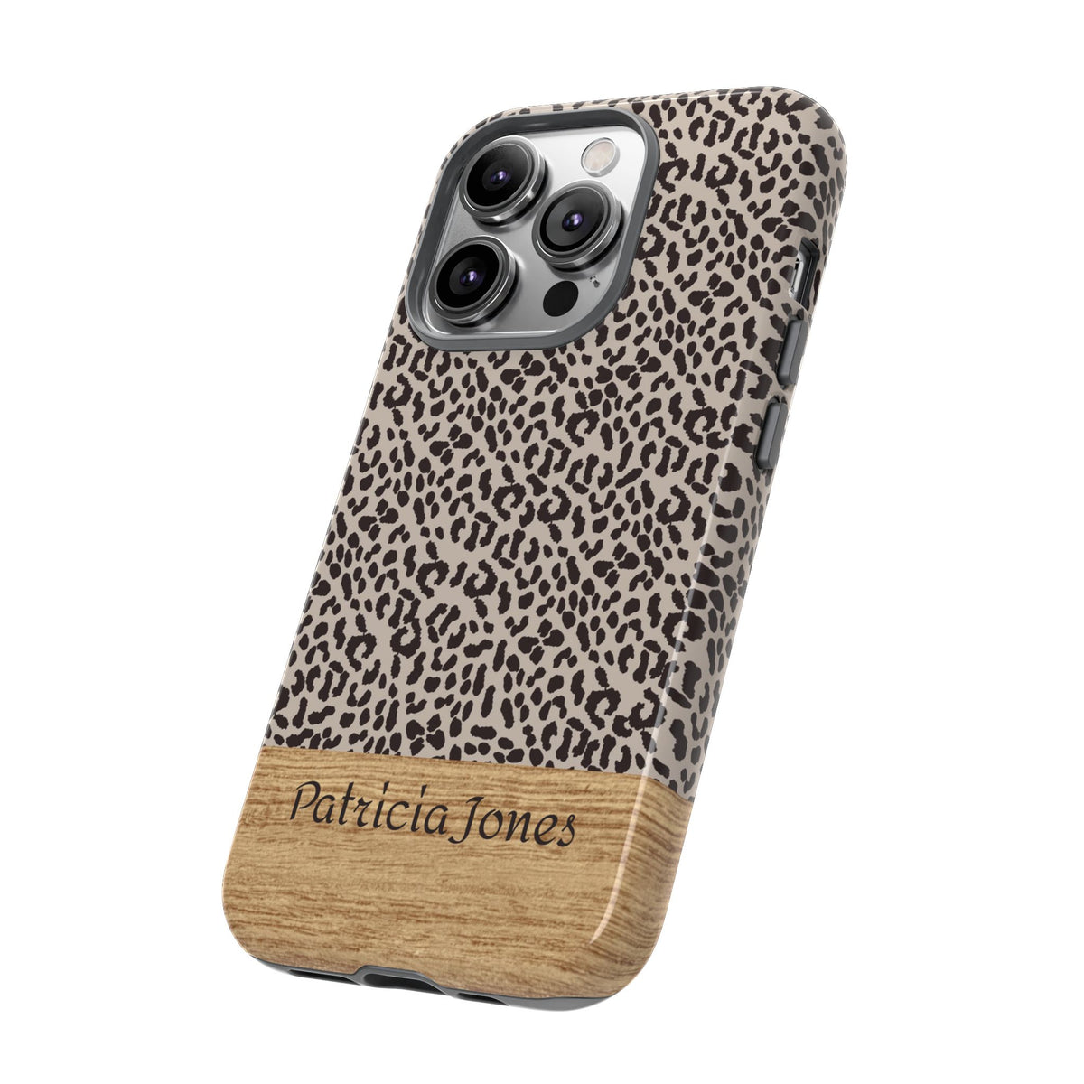 Personalized Leopard Print Phone Case with Name – Wood Accent Tough Case