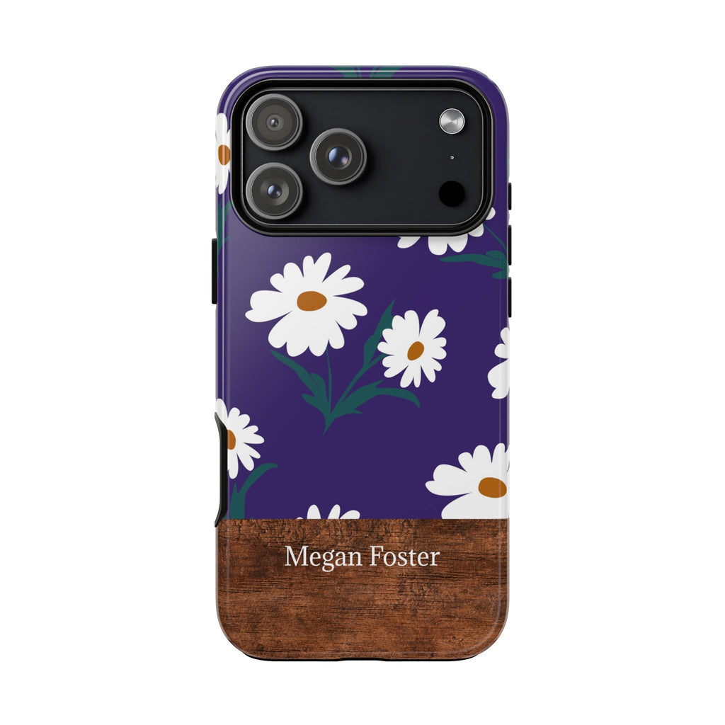 Personalized Daisy Phone Case with Name – Purple Floral Wood Accent Tough Case