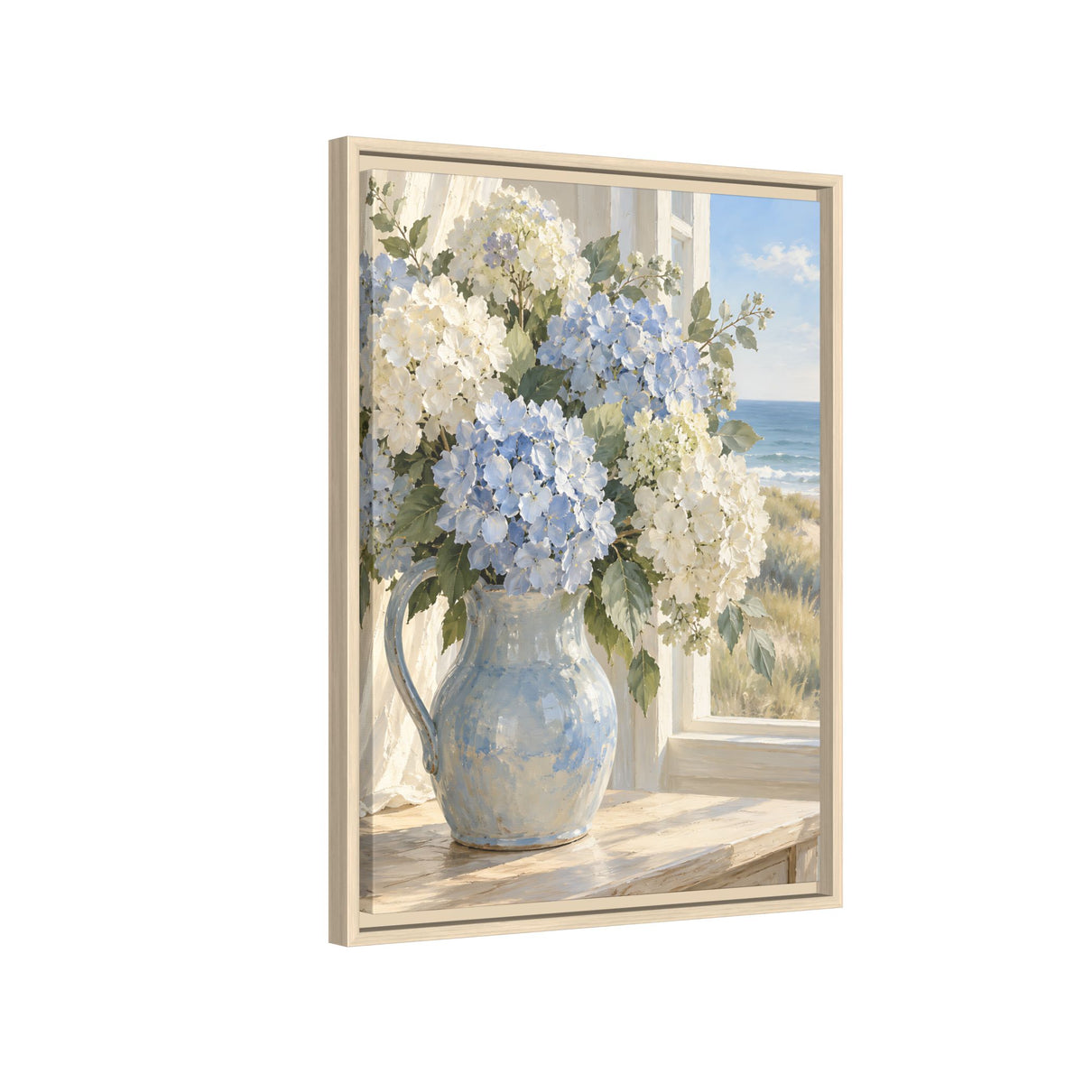 Coastal Hydrangeas Framed Canvas – Blue & White Floral Wall Art