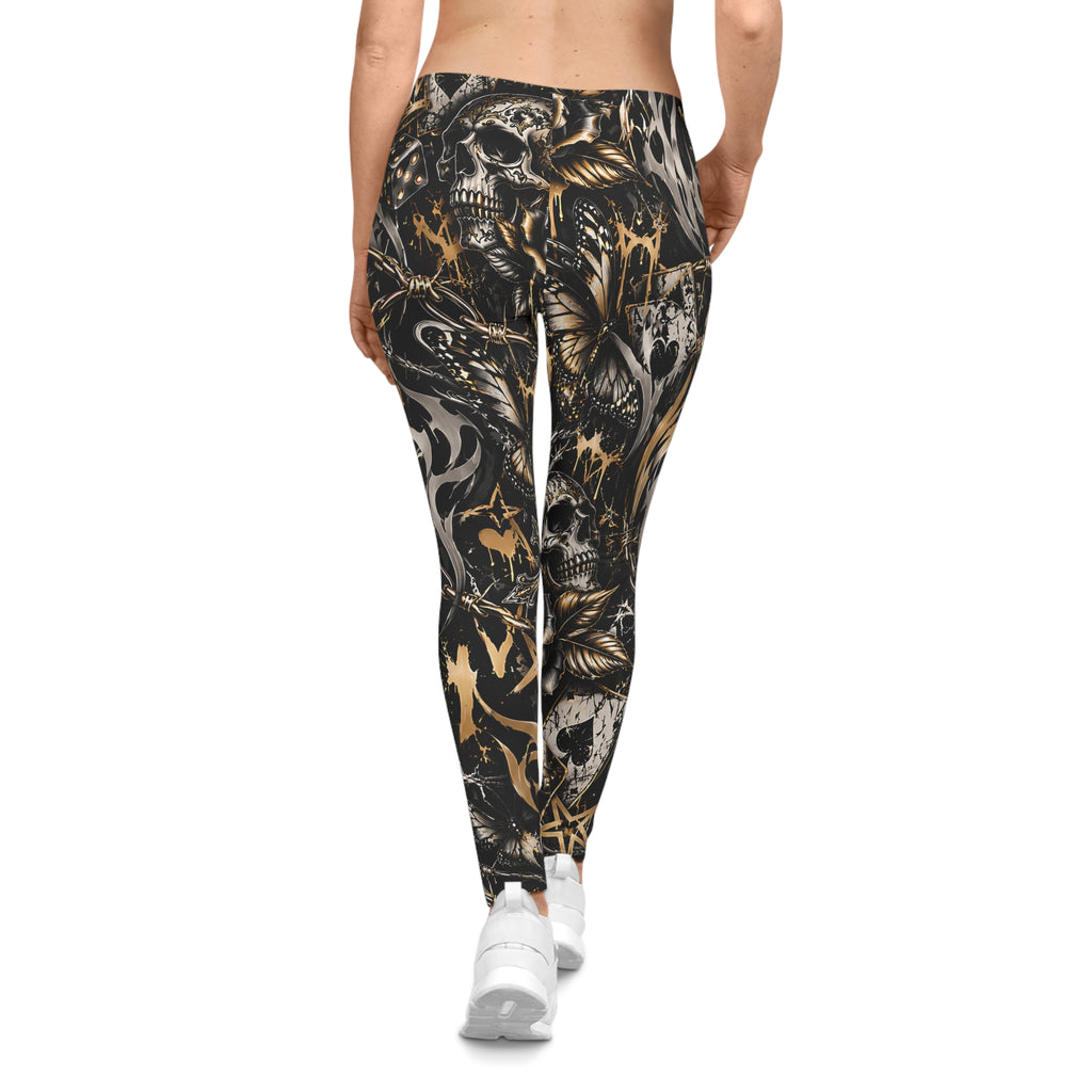 Gothic Skull Leggings – Black & Gold Tattoo Print