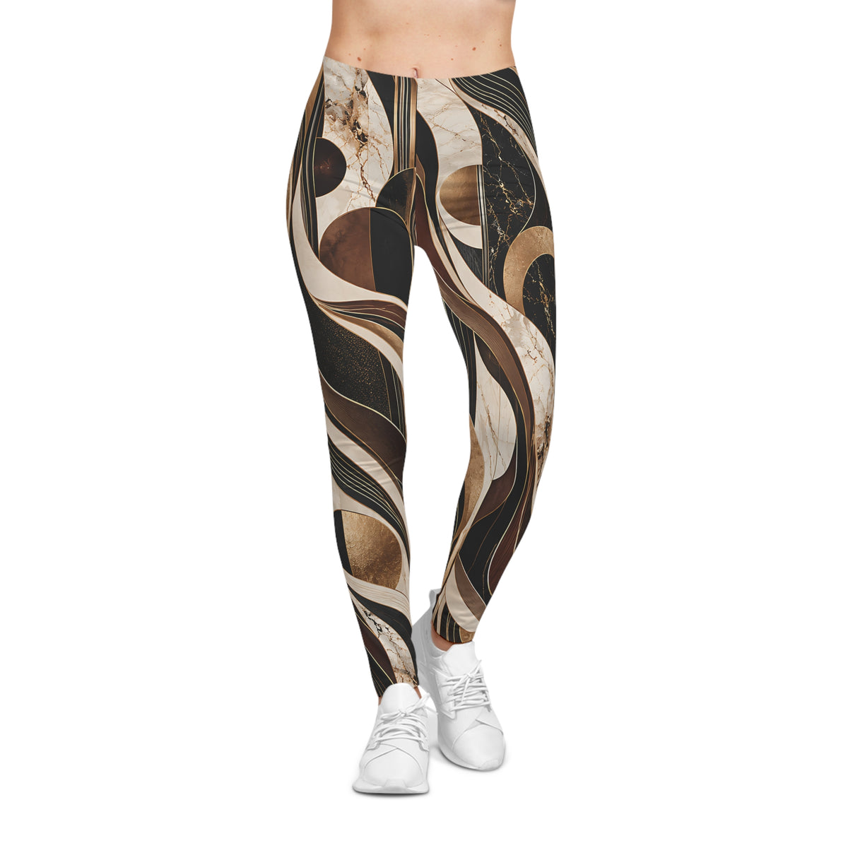 Luxury Marble Leggings – Black, Brown & Gold Abstract Print