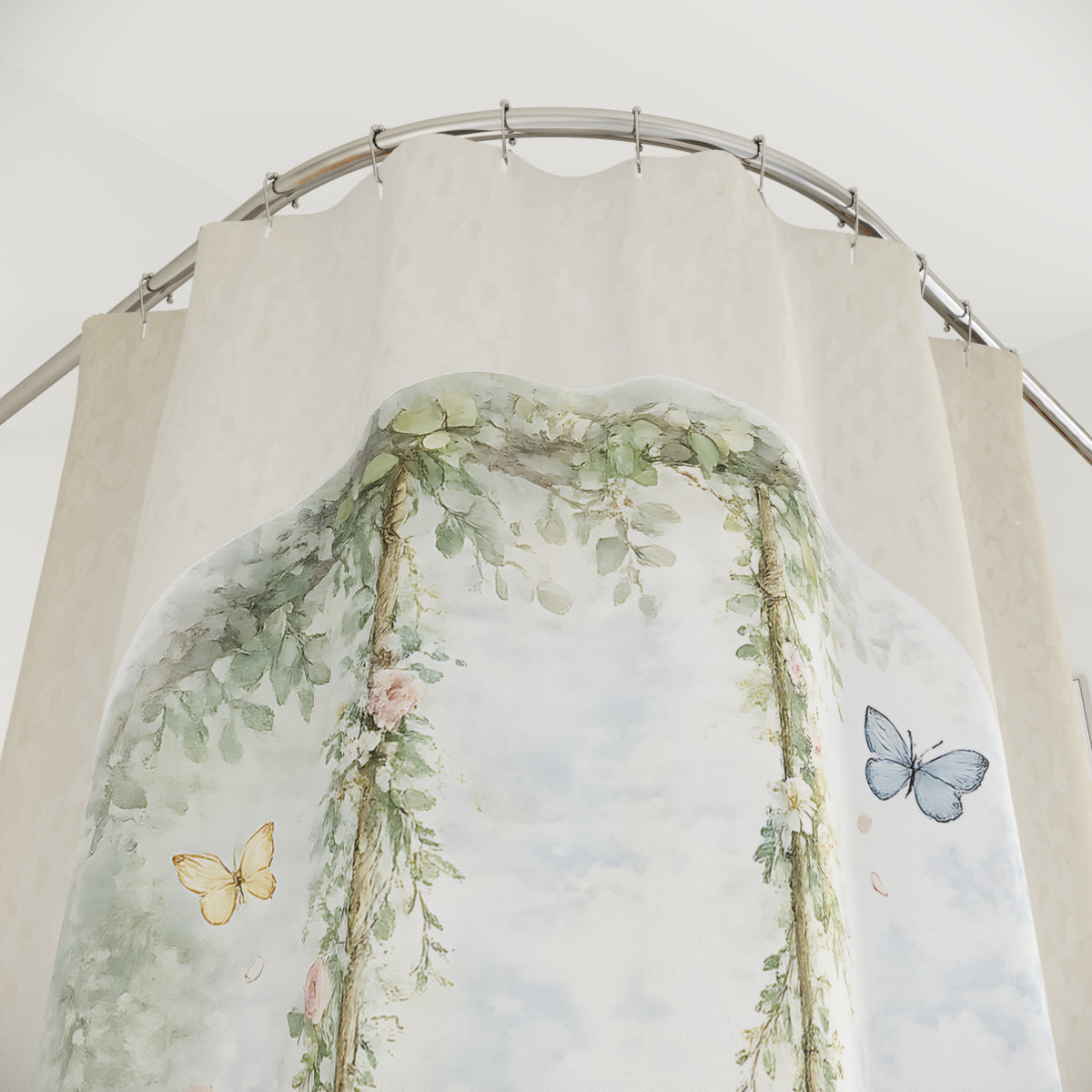 Vintage Floral Shower Curtain | Cottagecore Bathroom Decor | Romantic Garden Swing Bath Curtain
