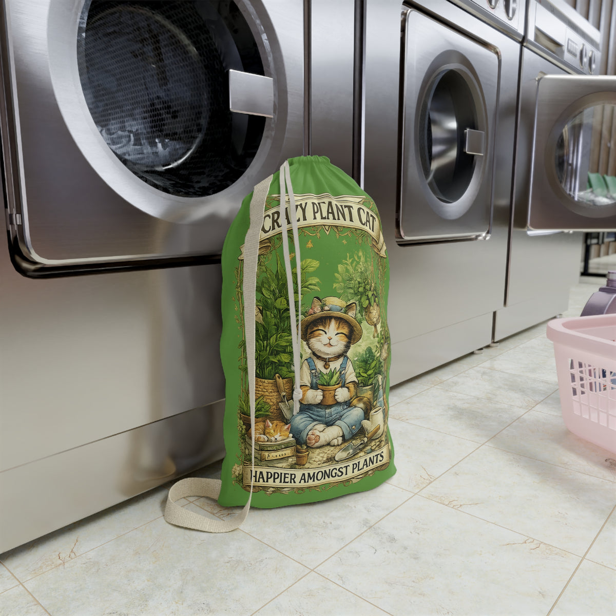 Crazy Plant Cat Laundry Bag | Cat Gardener Illustration, Green Drawstring