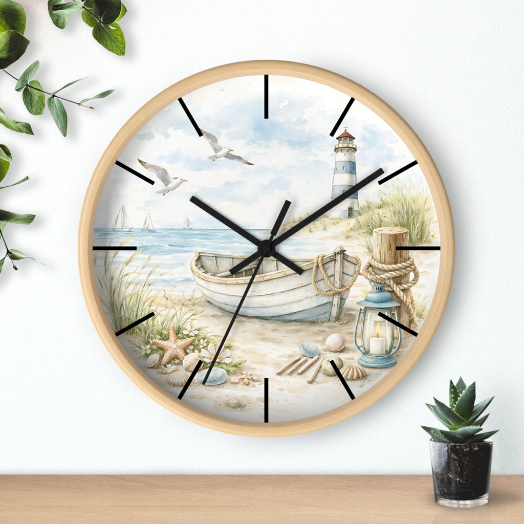 Coastal Lighthouse Beach Scene Wall Clock | Nautical Boat Seaside Decor