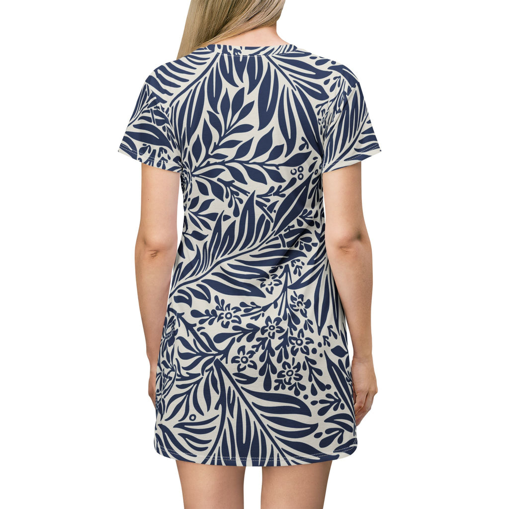Floral Navy Leaf T-Shirt Dress  All-Over Print Casual Dress