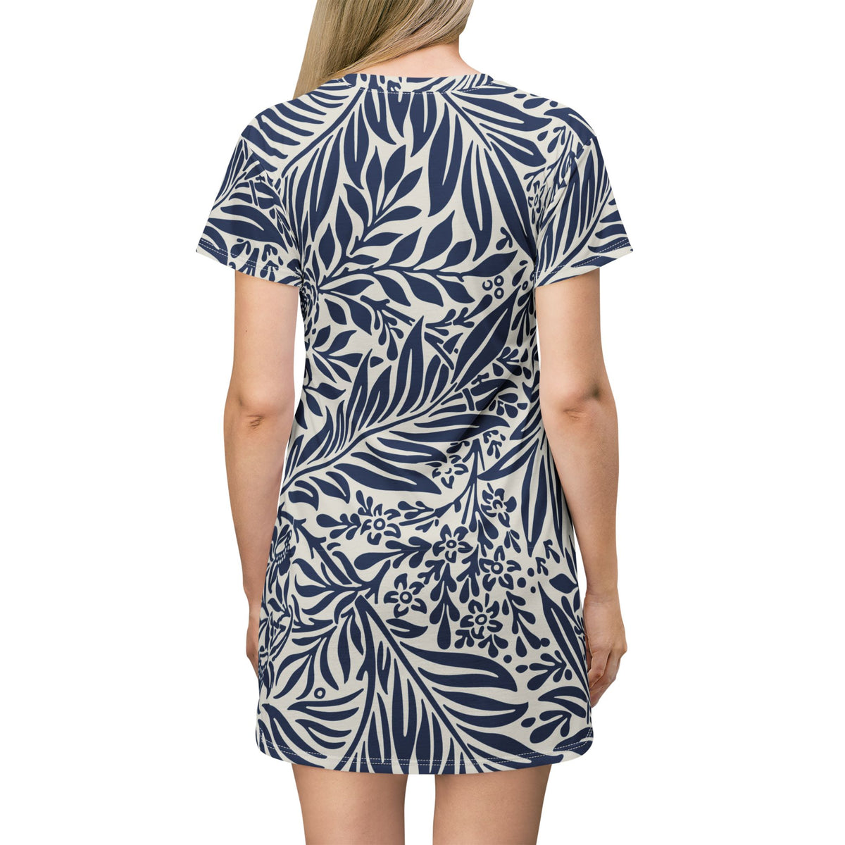 Floral Navy Leaf T-Shirt Dress  All-Over Print Casual Dress