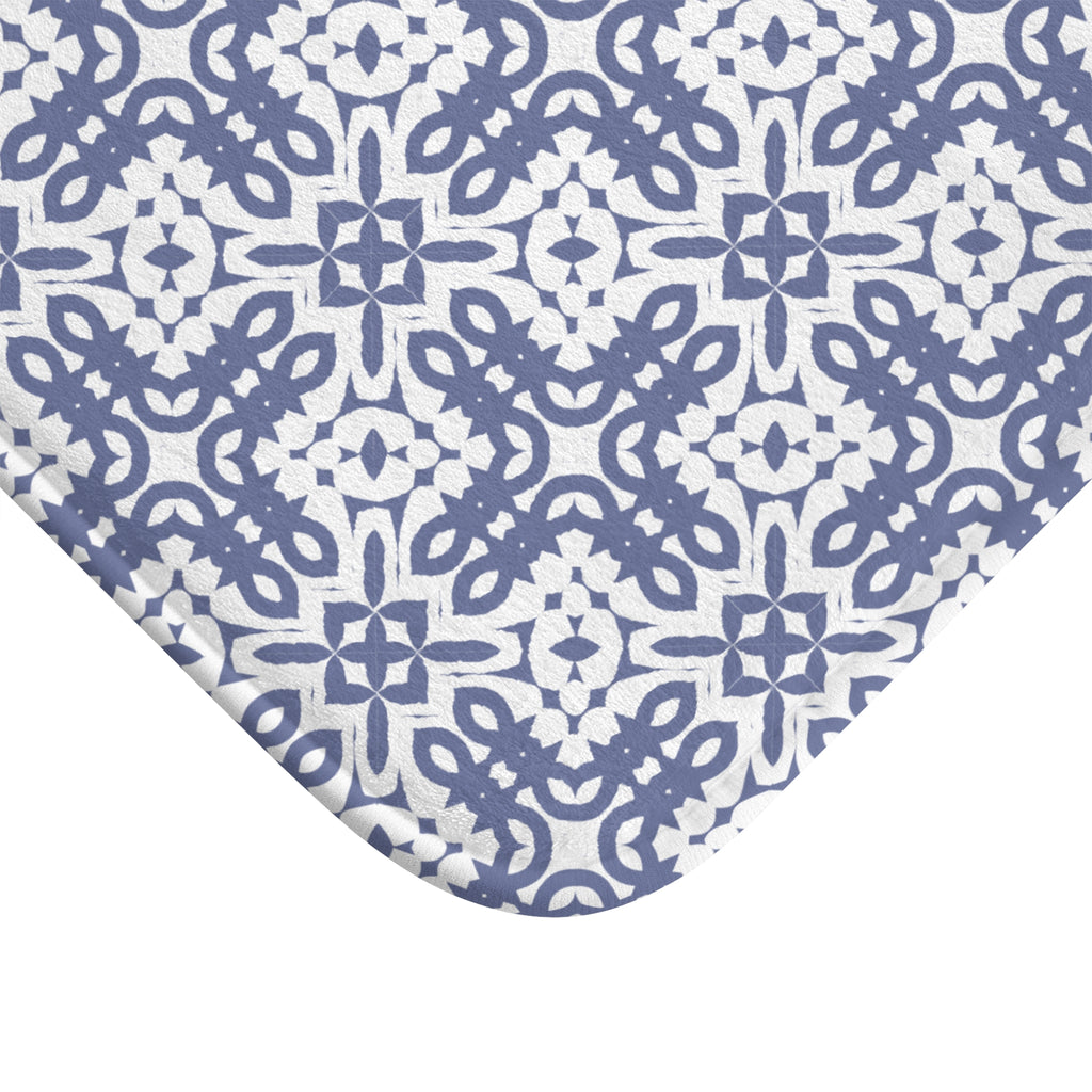 Blue Geometric Tile Bath Mat – Mediterranean Pattern Bathroom Decor