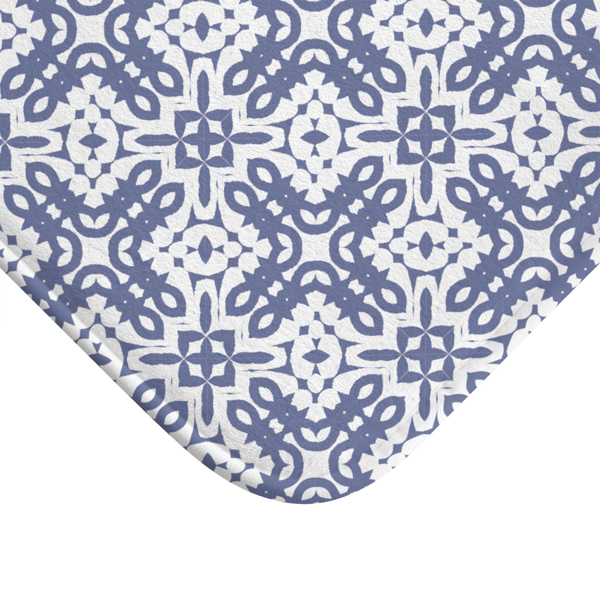 Blue Geometric Tile Bath Mat – Mediterranean Pattern Bathroom Decor