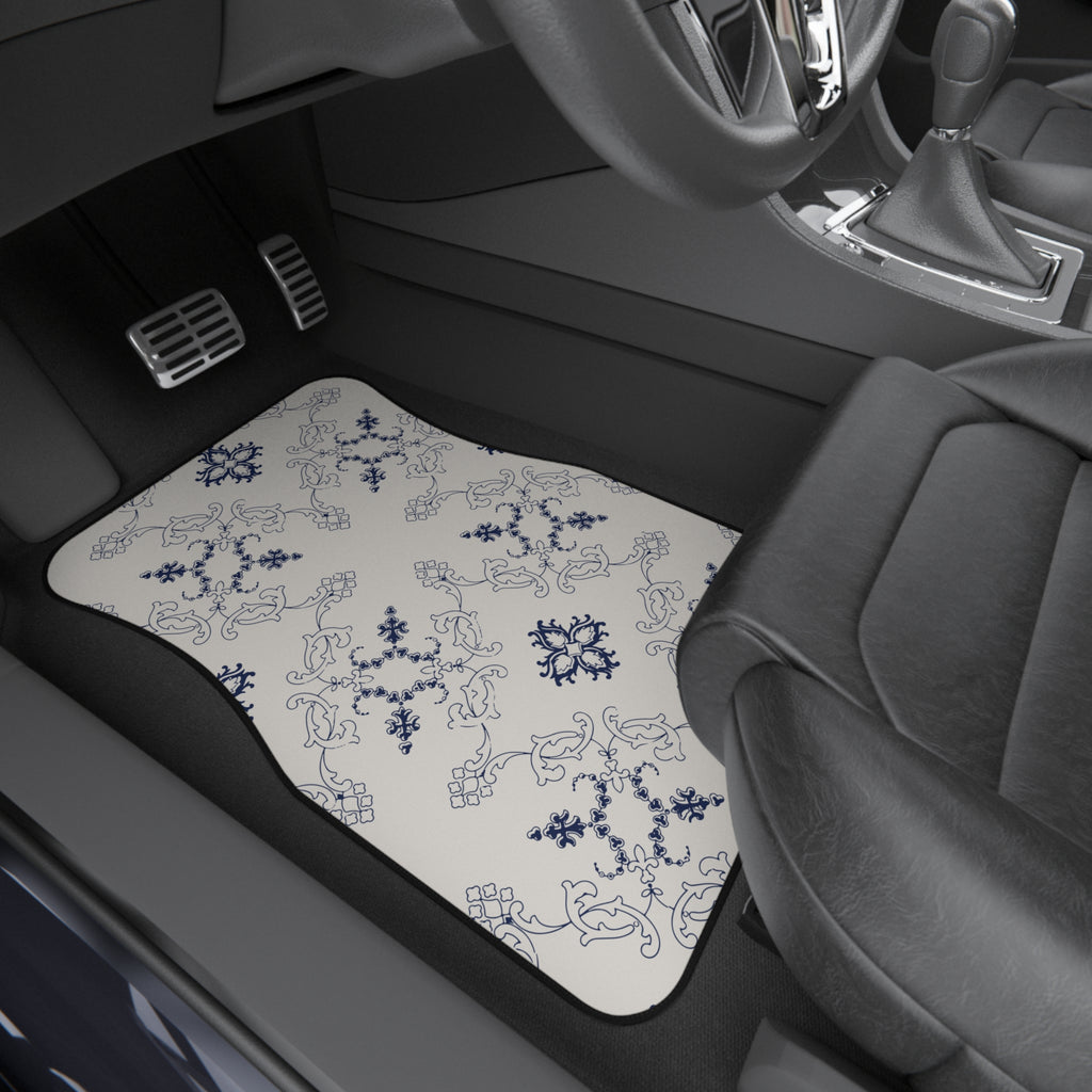 Blue & White Ornamental Car Floor Mats – 4-Piece Set
