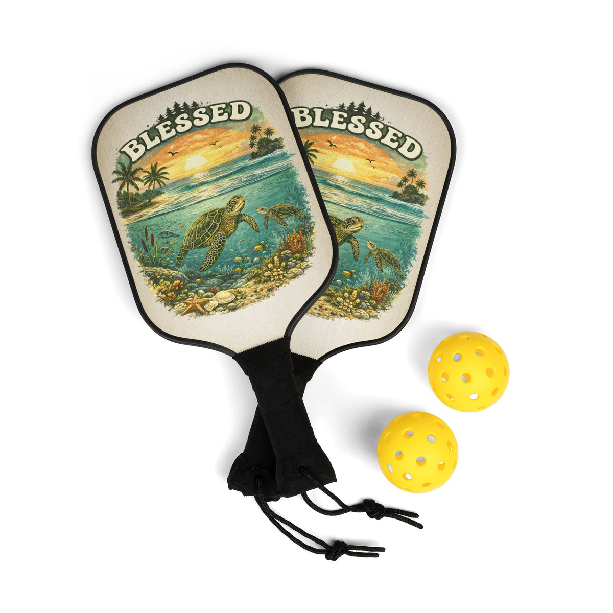 Blessed Sea Turtle Pickleball Paddle Set | Beach Sunset Coastal Paddle Gift