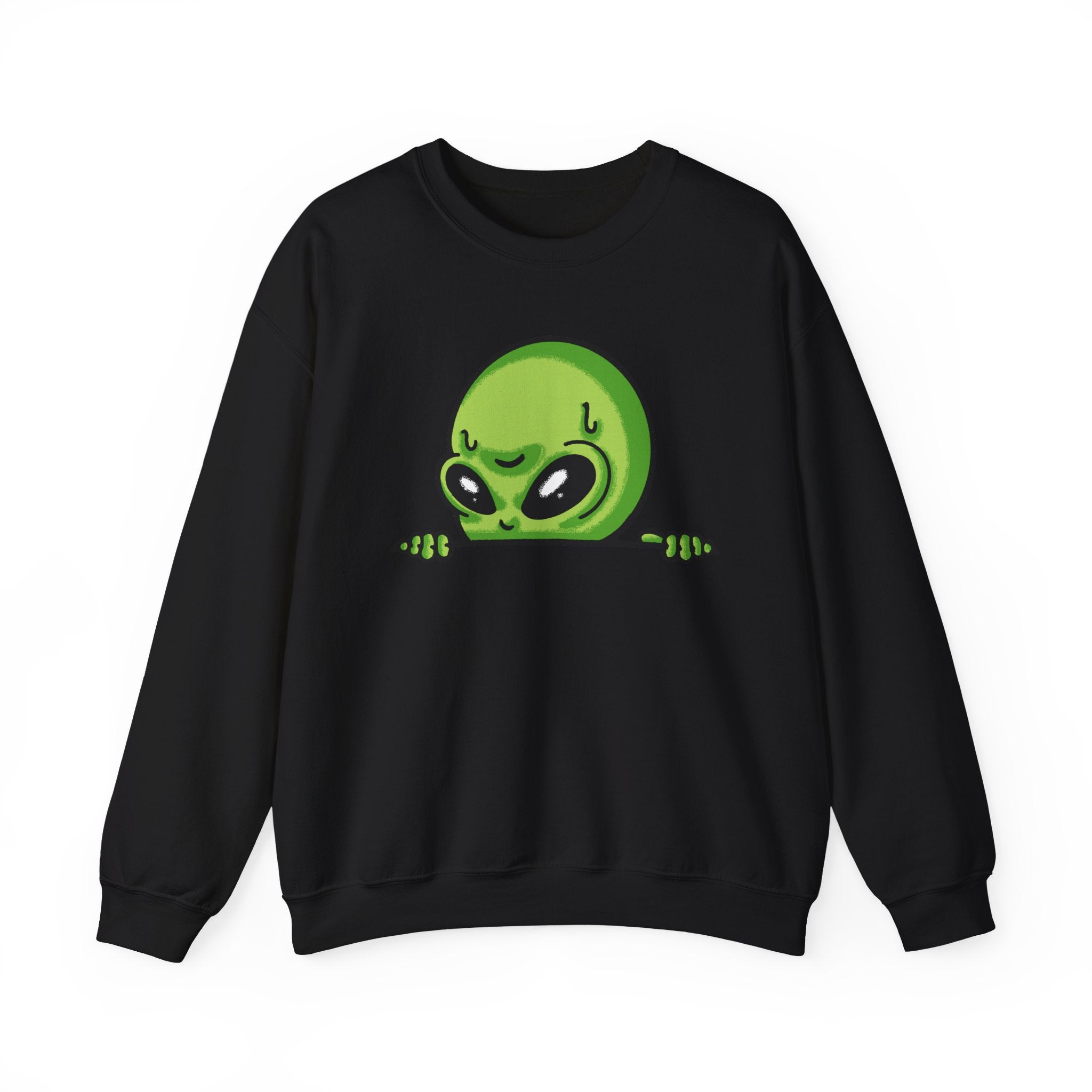 Alien Peeking Crewneck Sweatshirt — Cute Green Alien Graphic
