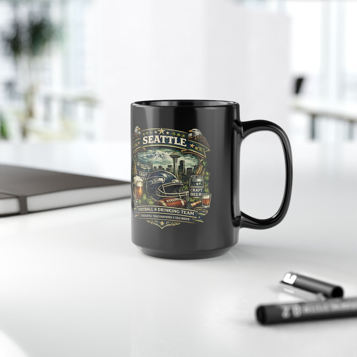 Seattle Football Mug for Men Black Coffee Cup for Beer Lovers, Tailgating & Game Day Sports Fan Gift