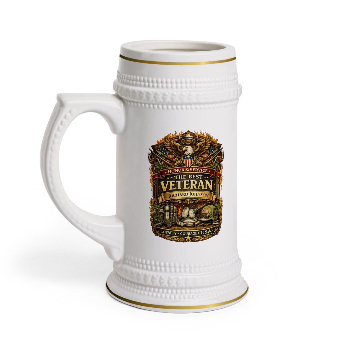 Personalized Veteran Beer Stein 22oz - Custom Name Military Mug, Honor & Service Gift for Veteran, Loyalty Courage Beer Mug