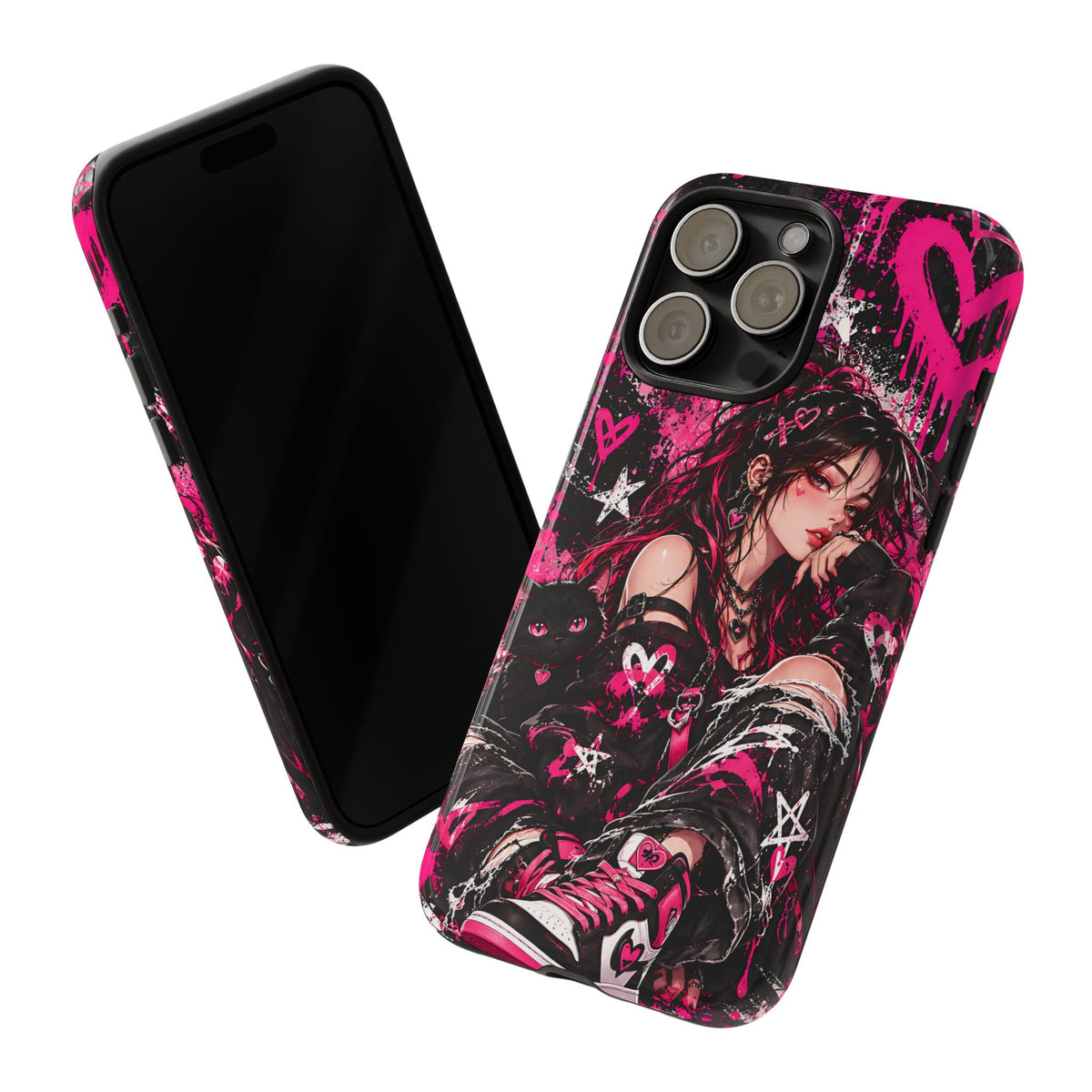 Gothic Anime Girl & Black Cat Phone Case – Pink Grunge Tough Case